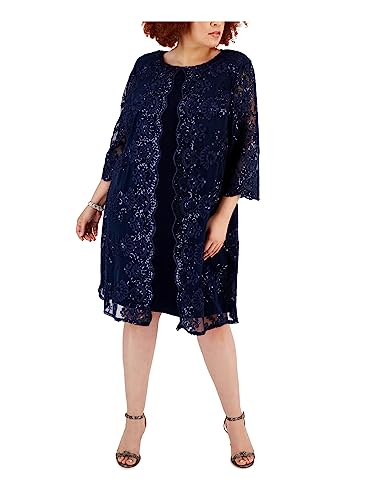 Alex Evenings Damen Übergröße Midi U-Ausschnitt Etuikleid mit Jacke Kleid für besondere Anlässe, Marineblaue Pailletten, 48 Plus