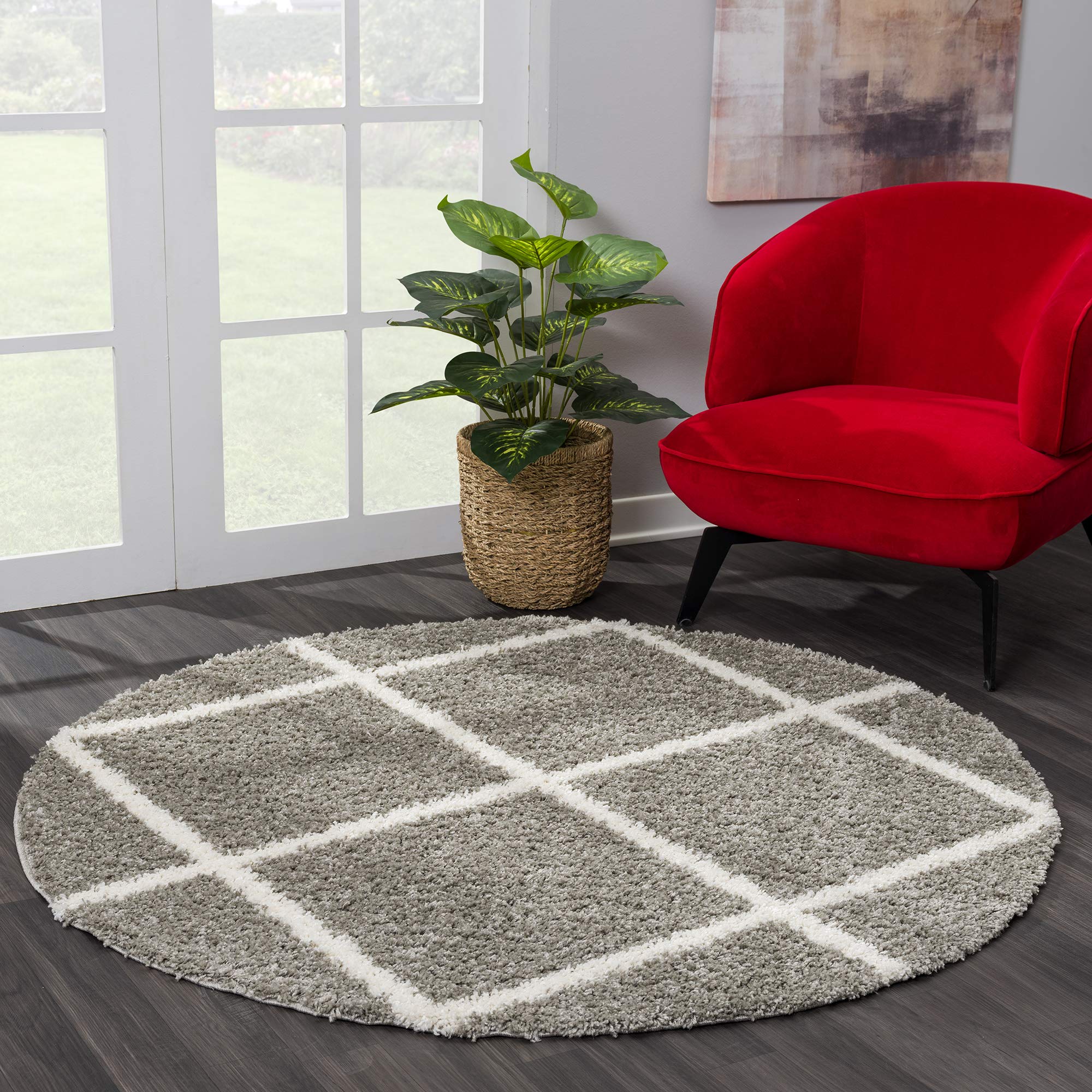 SANAT Madrid Shaggy Teppich Rund - Hochflor Teppiche für Wohnzimmer, Schlafzimmer, Küche - Grau, Größe: 200 cm