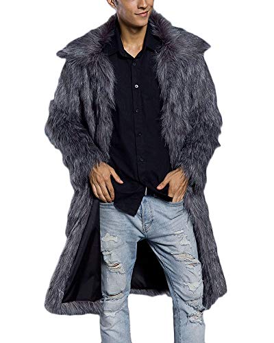 DianShaoA Pelzmantel Lang Felljacke Herren Wind Coat Warm Mantel Kunstpelz Faux Fur Lange Jacke Silber XL