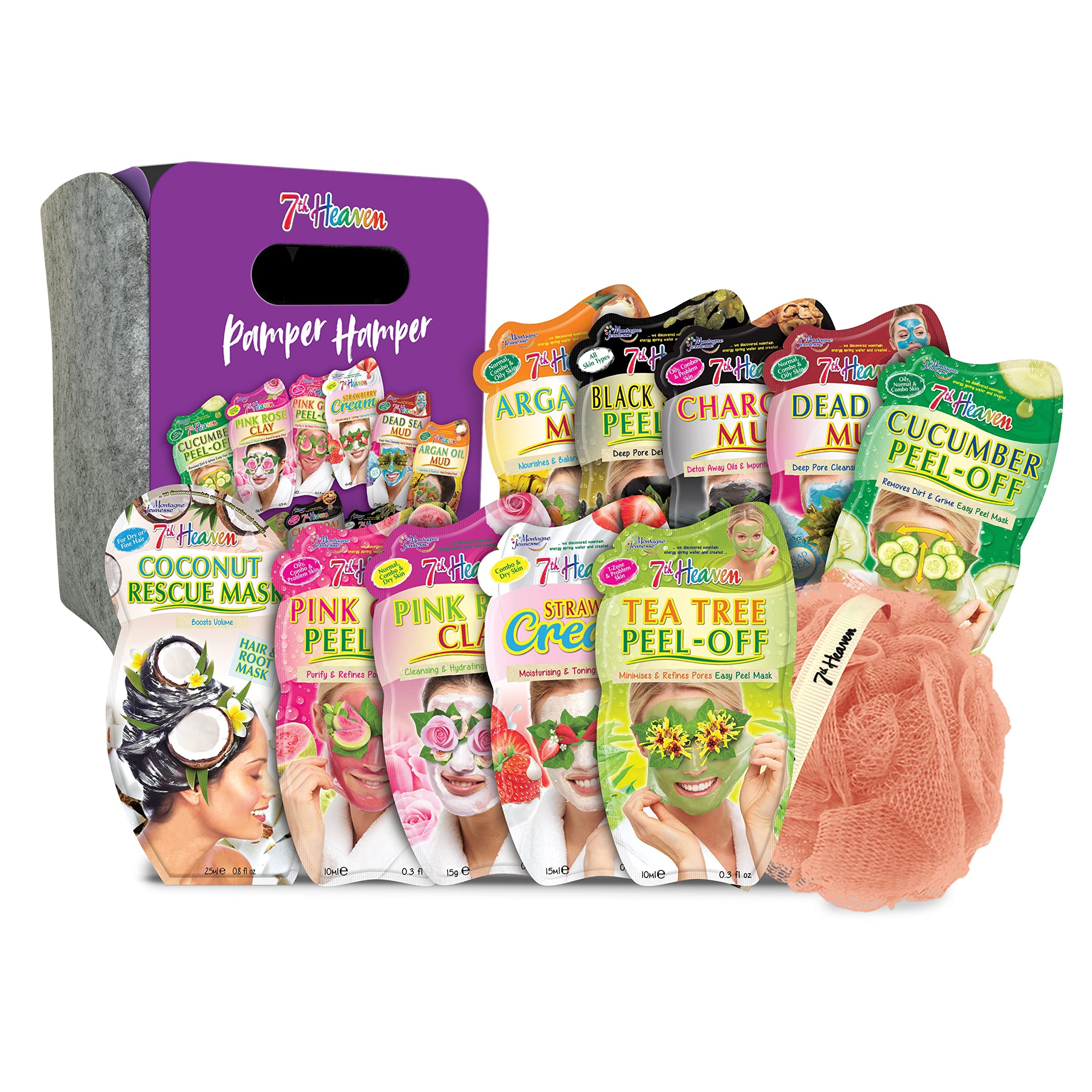 7th Heaven Pamper Hamper Geschenkset enthält eine Vielzahl von PeelOff und Schlamm Face Mask, Haarrettungsmaske, PeelingKörperpuff und Filz Präsentations box, grau, 12 Stück (1erPack)
