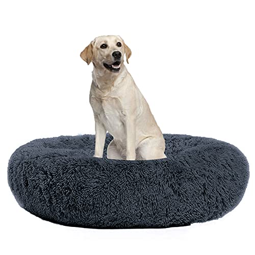 Waigg Kii Hundebett aus Plüsch, Donut-Größe, rund, flauschiges Kissen, XL, weiches Haustierbett für große/mittel/kleine Hunde und Katzen (90 cm, dunkelgrau)