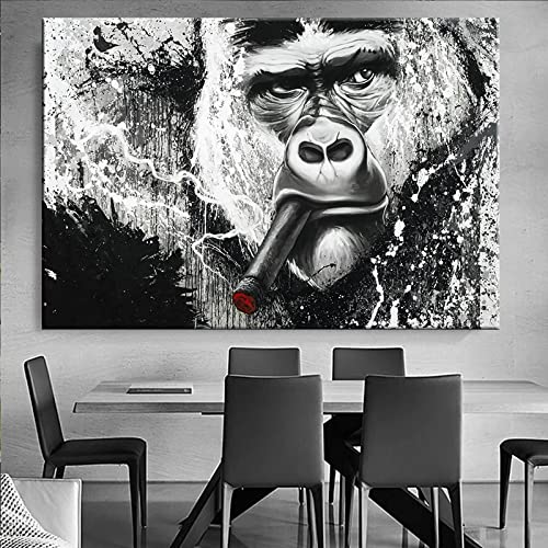 Schwarz-Weiß-Kunst, lustiges Rauchen, Affe, Leinwand, Gemälde, Gorilla, Poster und Drucke, Wandkunst, Bild für Wohnkultur, 60 x 80 cm, rahmenlos