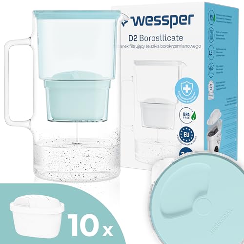 WESSPER 3in1 Glaskaraffe-Glaskanne-Glas Wasserfilter Karaffe mit Filtersystem, Plus 10x Kalkfilter Wasserfilterkartuschen, Minze