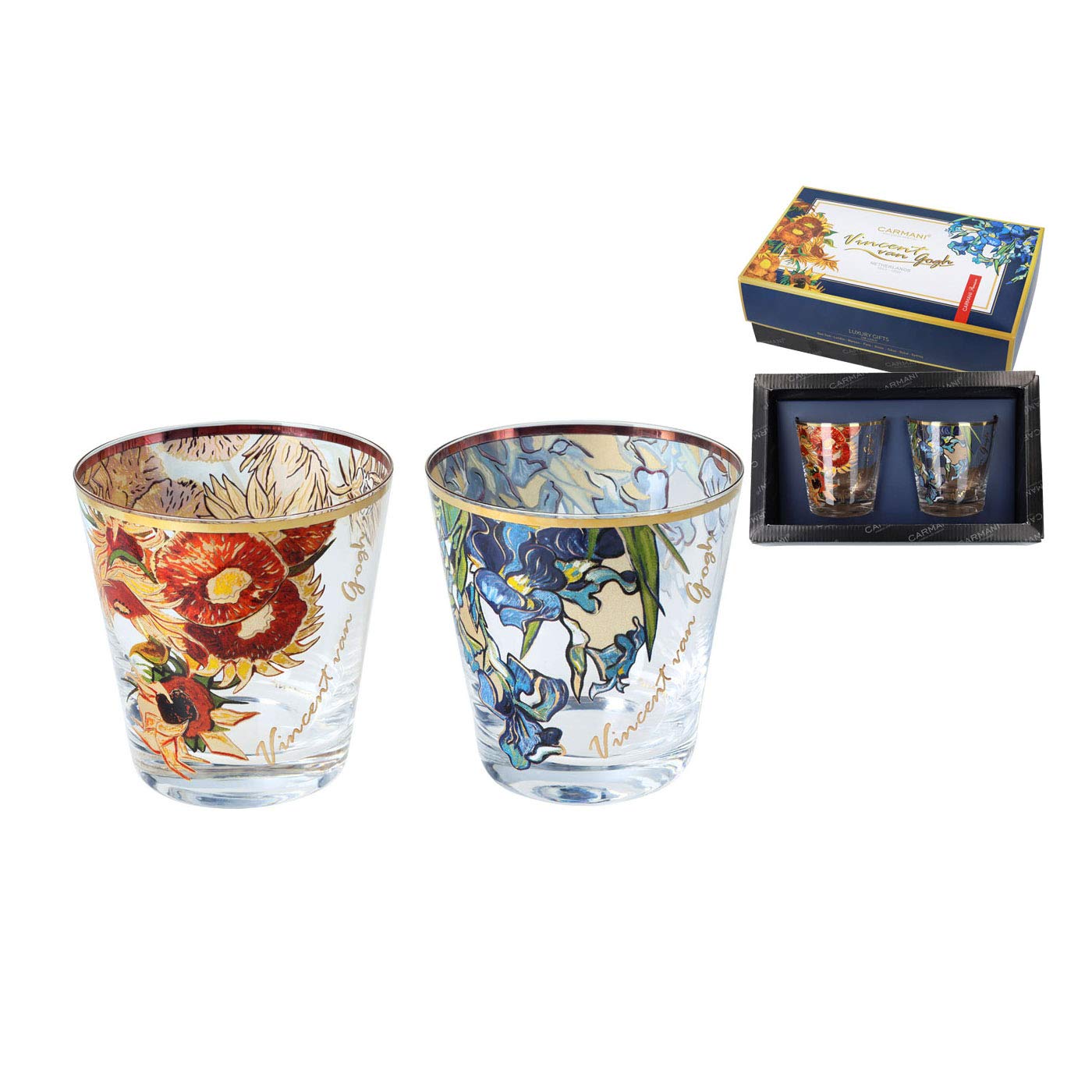CARMANI - Schönes rundes Schnapsglas 2er Set verziert mit "Sonnenblumen" und Irises" von Vincent Van Gogh