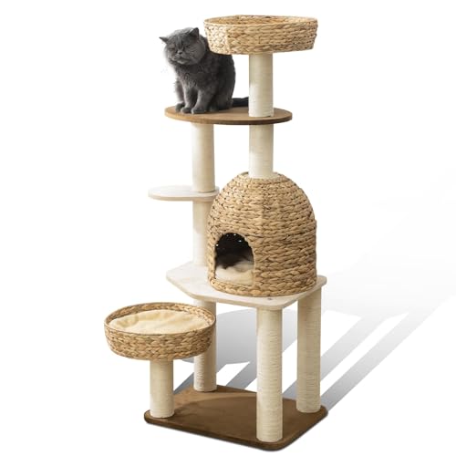 Moderner Katzenbaum Turm für große Katzen, Katzenmöbel Kratzbaum für Indoor-Katze, echte natürliche Wasserhyazinthe Katzenhütte, manuell handgewebte hohe Holzkatzenhaus,Neue Katzenhütte Einzigartiges