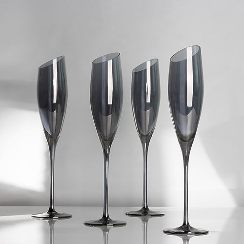 REAWOW Kristall Champagnergläser Sektgläser 180ml Bleifreies Galvanik Grau Champagnerflöten Sekt-Kelch mit gezogenem Stiel Geschenk Set 4tlg