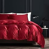 Damier Bettwäsche 135x200 Satin Rot Weinrot Glatt Glänzend Einfarbig Bettbezug Set 4 teilig mit Reißverschluss und 2 Kissenbezug 80 x 80 cm