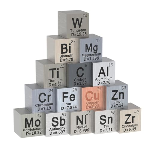 Rheross 15-Teiliges Würfelset Aus Metallelementen – Dichtewürfel-Set für 1 Periodensystem der Elemente – Würfel Aus Reinem Wolfram (10 Mm), Langlebig, Einfach zu Verwenden