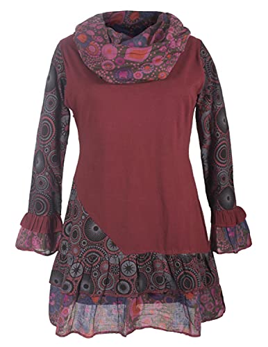 Vishes - Alternative Bekleidung - Damen Langarm Mandala Rüschen-Kleid mit Kapuzenschal dunkelrot 46