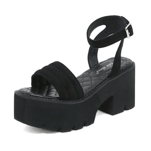 NEOFEN Damen-Sandalen mit offenem Zehenbereich, Knöchelriemen und hohem Blockabsatz (Color : Black, Size : 35 EU)