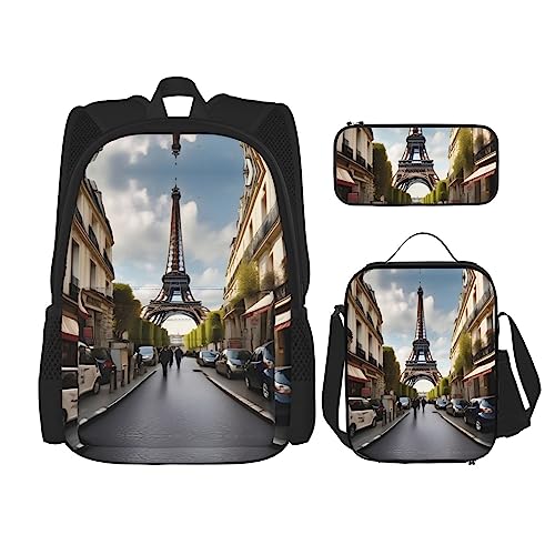 OdDdot 3-teiliges Rucksack-Set, Motiv: Paris Straßenszene, Eiffelturm, Rucksack mit Lunchbox und Federmäppchen, große Kapazität, Rucksack, Büchertasche, Paris Straßenszene Eiffelturm, Einheitsgröße,