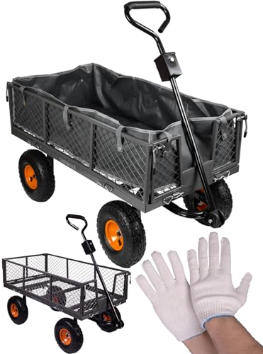 Sunwaal Gartenwagen, Transportanhänger, Handwagen bis zu 400kg, Volumen 100 L, robuste Kiste, Pendelachse, aufblasbare Räder