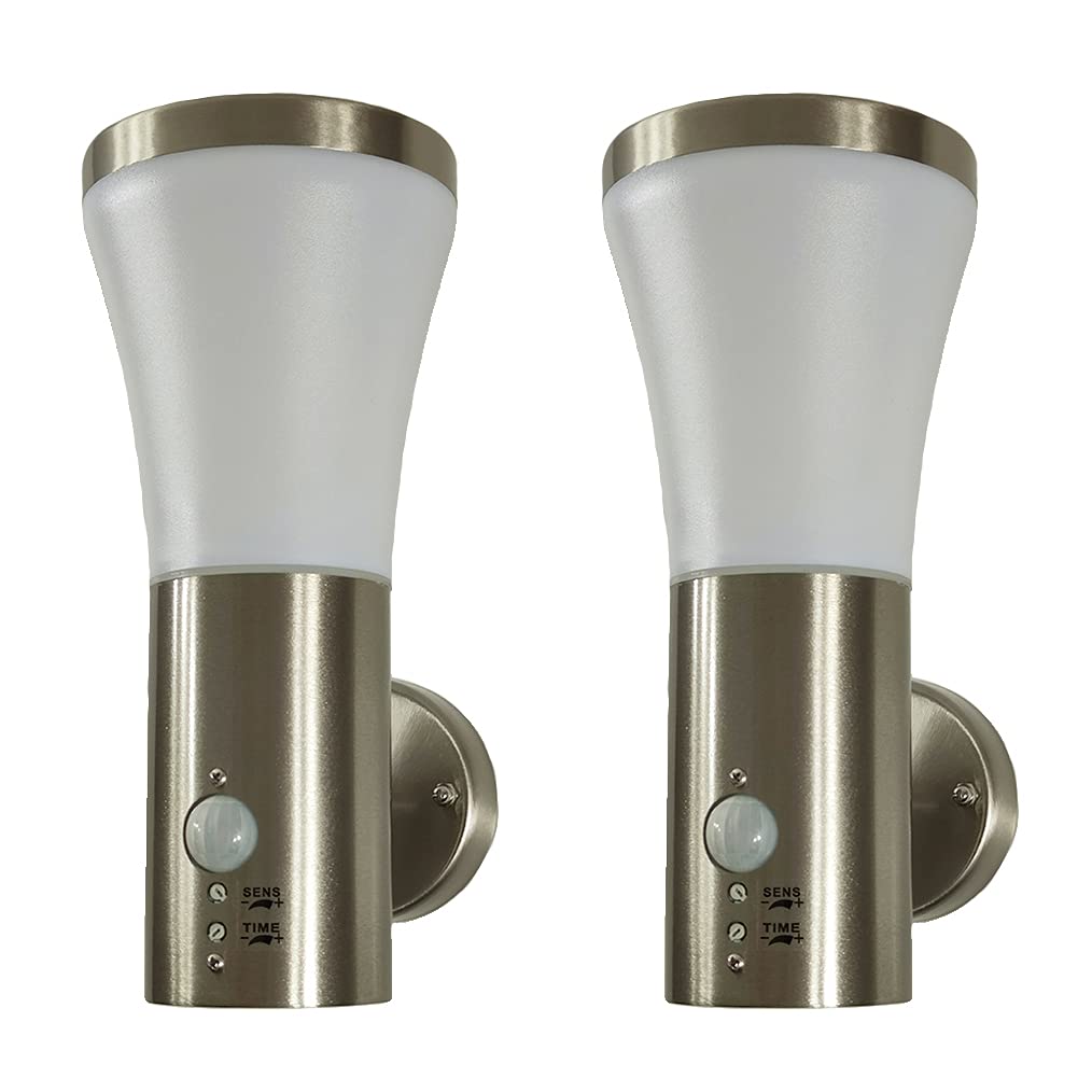 Dapo 2x Hochwertige Edelstahl-Außen-Wand-Leuchte-Lampe SIEGEN mit Bewegungsmelder Kunststoff-Schirm weiß, E27 max. 40W, H: 27cm, D:7,5-12cm, IP44 (Mit Sensor - 2er Set)