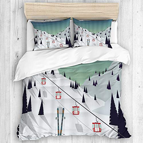 HARXISE Bettwäsche - Bettwäschese,Winterlandschaft Ski bedeckt mit Schnee-Bäumen und Bergen,Multicolor Bettbezug Kissenbezug Set,135 x 200cm