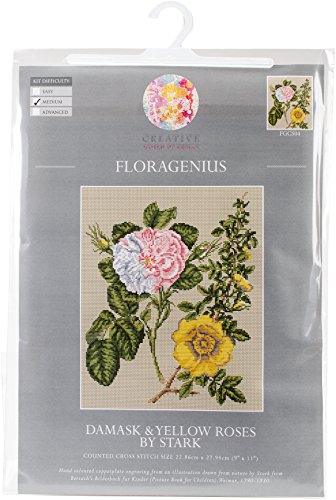 Creative World of Crafts Floragenius Kreuzstich-Zählmusterpackung, Stoff, Damast-Rose und gelbe Rose, 9 x 11-Inch