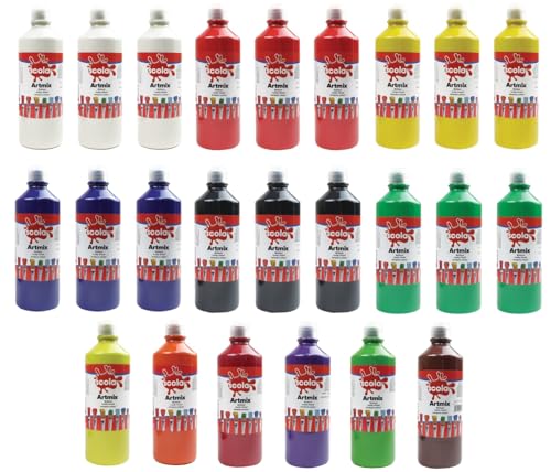 scola Artmix Fertigfarbe, 24 x 600 ml, verschiedene Farben, waschbar, ungiftig, Posterfarben