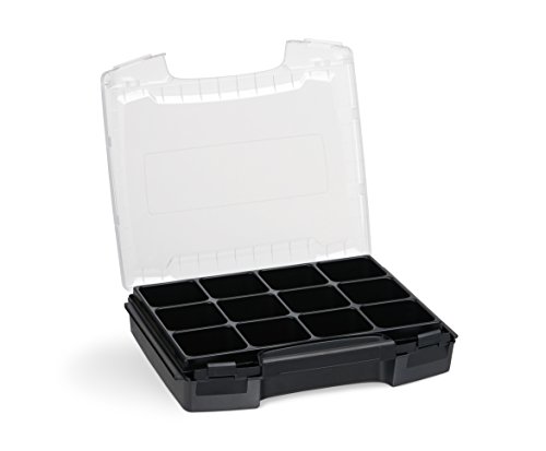 Sortimentskasten transparent mit Klappgriff | i-BOXX (schwarz) mit 12-fach Einlage | Ideal für i-BOXX RACK & LS-BOXX | Sortierkasten tragbar