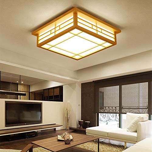 OUKANING Japanische Deckenleuchte Tatami Lampe - Holz LED Schlafzimmer Wohnzimmer Lampe Massivholz Deckenlampe Lampen Licht Deckenleuchten Lamp Protokolle Deckenlampen(45x45cm,Warmweiß)