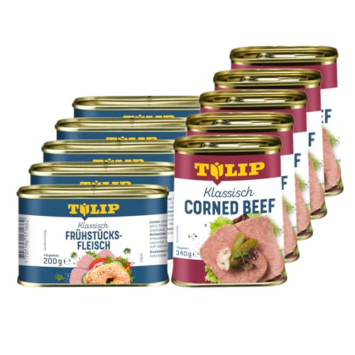 TULIP 5x Klassisches Corned Beef 340g + 5x Schweine-Frühstücksfleisch 200g | leckeres Rinder und Schweinefleisch | 98% Rindfleisch und 86% Schweinefleisch