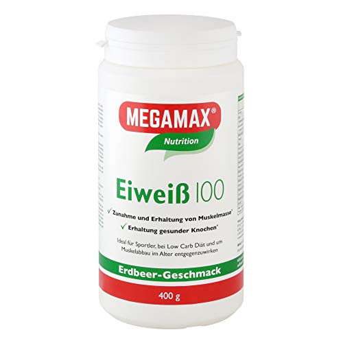 Megamax Eiweiss Erdbeere 400 g | Molkenprotein + Milcheiweiß Für Muskelaufbau ,Diaet | 2k-Eiweiss ideal zum Backen | hochwertiges Low Carb Shake | aspartamfrei Eiweisspulver mit Aminosäure