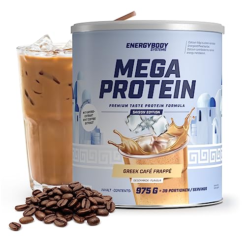 Energybody Mega Protein Café Frappé | Protein Pulver mit Kaffee Geschmack | Mit Koffein (30 mg / 100 ml Shake) | Milchweiweiß (Casein) & Molkeneiweiß (Whey) | 975 g / 39 Portionen
