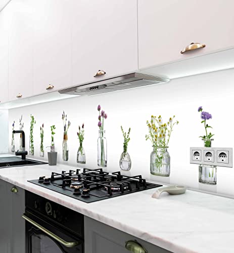 MyMaxxi - Selbstklebende Küchenrückwand Folie ohne Bohren - Motiv Pflanzen in Vase Weiß Grün Rosa 60cm hoch- Klebefolie Wandtattoo Wandbild Küche - Wand-Deko - Blumen in Vasen Blumenvasen Dekopflanzen, 180 x 60cm