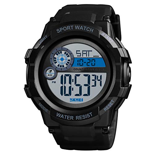 FeiWen Herren Digital Sport Uhren Multifunktional LED Elektronik Doppelte Zeit Countdown Alarm 50M Wasserdicht Outdoor Militär Armbanduhren (Schwarz)