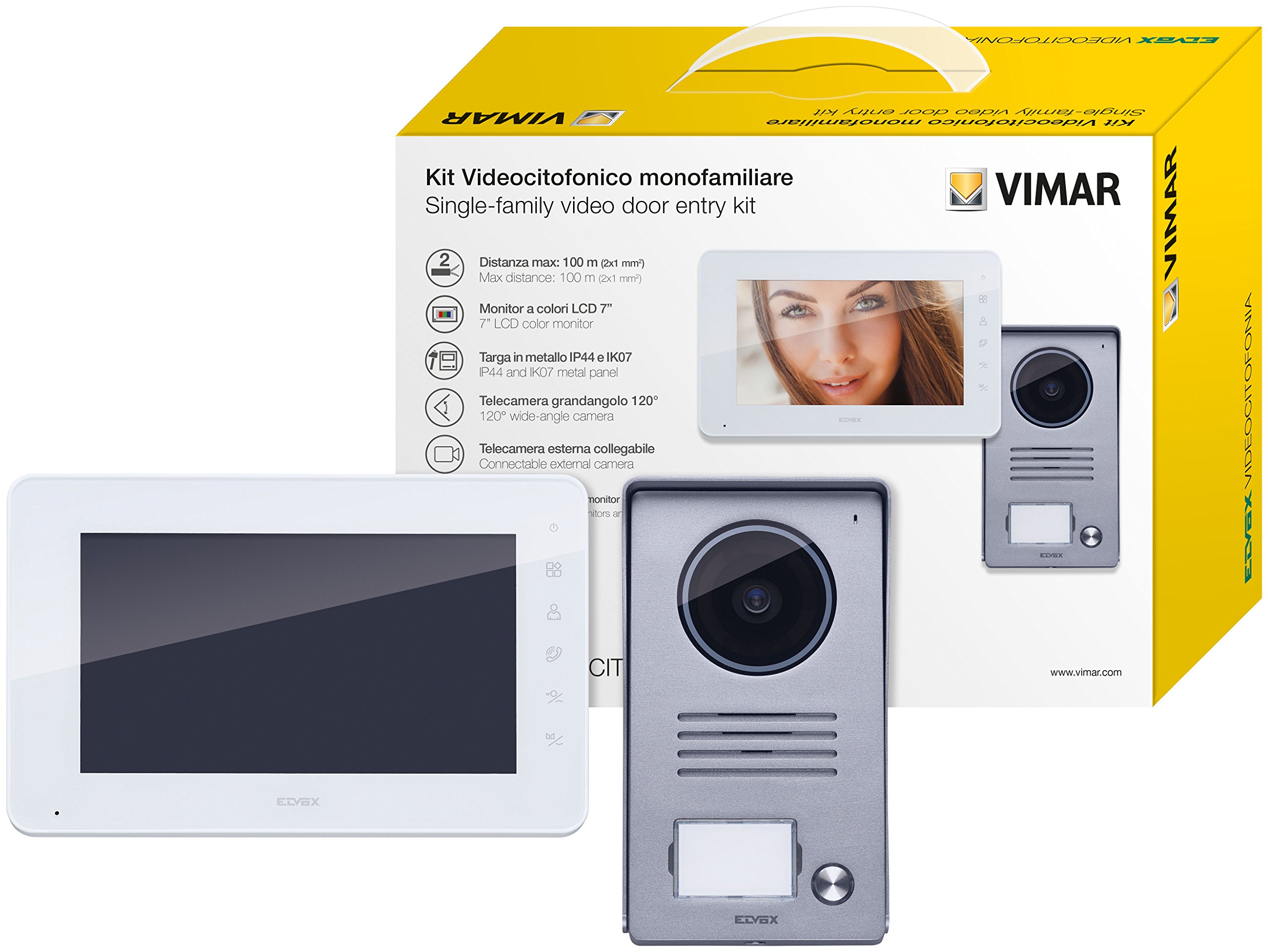 VIMAR K40910 Videosprechenalagen-Set enthält Freisprech-Videohaustelefon LCD 7in, 1-Taste Klingeltableau mit Regenschutz, Netzgerät 24Vdc 1A mit austauschbaren Steckern EU BS US AU, 1 Stück, Grau/Weiß