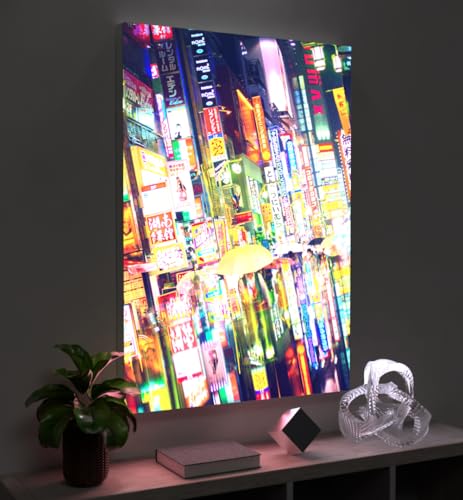 MyMaxxi - Pixlip Poster Nacht in Shibuja Wandbild Design Wand Dekoration, Foto Werbetafeln Mehrfarbig Leuchtrahmen - Straßenzug, 60x84 cm, Rahmen: nur Druck
