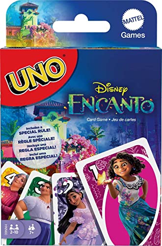 UNO Disney Encanto Kartenspiel für 2 bis 10 Spieler, Geschenk für Spieleabend, Reisespiele und Sammler