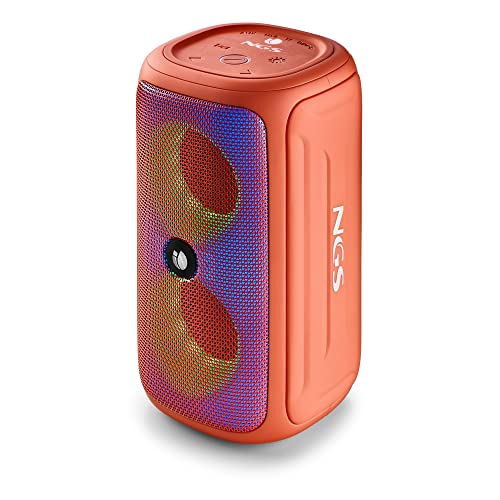 NGS ROLLER BEAST CORAL - Leistungsstarker 32W-Bluetooth-Lautsprecher mit TWA-Technologie, RGB-Lichtern, IPX5-Wasser- und Staubschutz, Mikrofon, Freisprechfunktion und bis zu 40 Stunden Akkulaufzeit, Farbe Koralle