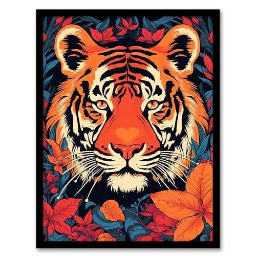 Tangerine Tiger Artwork Bold Bright Amber Orange and Red On Teal Artwork Framed Wall Art Print A4