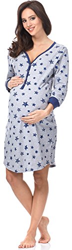 Italian Fashion IF Nachthemd Damen Geburt Stillnachthemd Mutterschaft Schwangerschaft Nachtwäsche Umstandsmode mit Durchgehender Knopfleiste geburtshemd für Schwangere (XL, Melange/Dunkelblau)