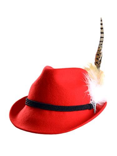ALMBOCK Trachtenhut Damen mit Feder - Trachtenhüte in vielen Farben und den Größen S M L - Trachten Hut hergestellt aus Woll-Filz (L (58cm), Rot - Modell H8)