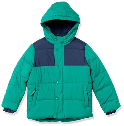 Amazon Essentials Heavy-Weight Hooded Puffer Coats Outerwear-Jackets, Grün/Marineblau Colorblock, 10 Jahre