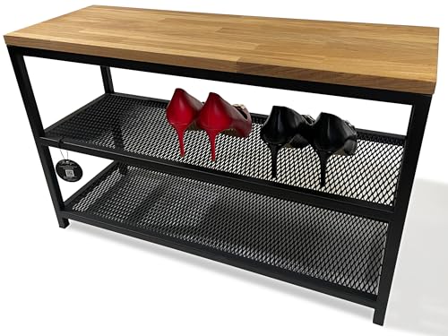FLEXISTYLE Loft Schuhschrank mit sitzbank schwarz breit Holz Eiche gepolstert Metall Industrial Style (Eiche, 80 cm breit)