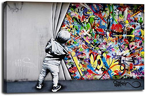 Banksy Bilder Leinwand Behind the Curtain Graffiti Street Art Leinwandbild Fertig Auf Keilrahmen Kunstdrucke Wohnzimmer Wanddekoration Deko XXL (60x100cm(23.6x39.4inch))