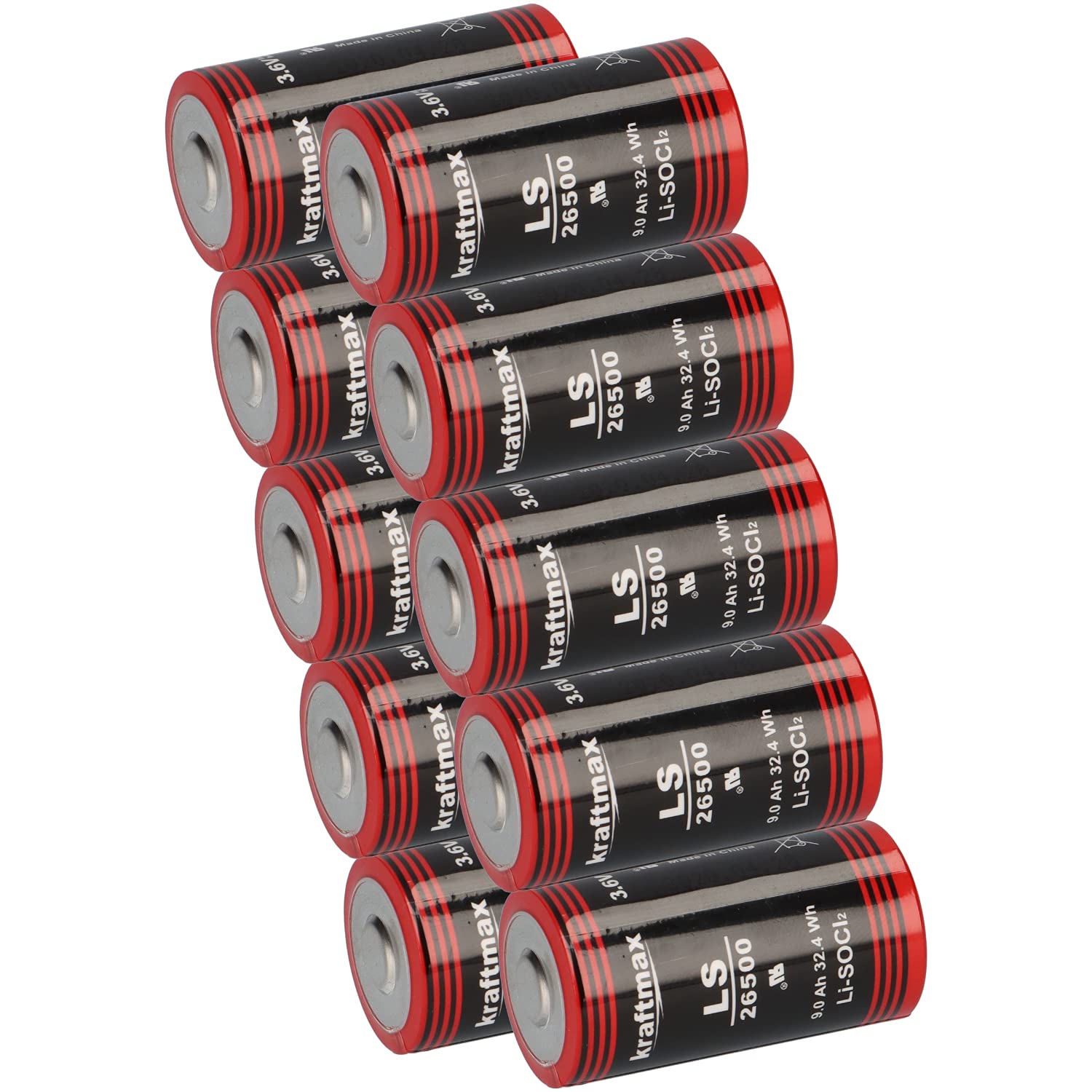 10x Kraftmax Lithium 3,6V Batterie LiSOCl2 LS26500 C Zelle LS 26500 Baby Bobbin Primärzelle mit hoher Energiedichte AKKUman Set