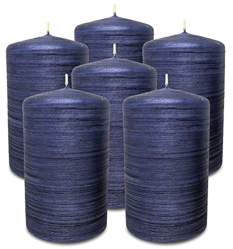 Hyoola Gebürstetes Metallic Stumpenkerzen - Kerzen Blau 6er-Pack - Stumpenkerzen Mitternachtsblau - Dekorative Stumpenkerzen Groß Hergestellt in EU - Kerzen Lange Brenndauer - 6 cm x 10 cm
