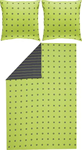 Erwin Müller Satin-Bettwäsche, Wendebettwäsche, 100% Baumwolle grün-anthrazit Größe 200x200 cm (2X 80x80 cm) - atmungsaktiv, temparaturausgleichend, mit Reißverschluss (weitere Farben, Größen)