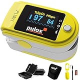 Pulsoximeter Pulox PO-200 Set in Gelb zur Messung von Sauerstoffsättigung, Puls und PI am Finger inkl. Hardcase, Schutzhülle, Batterien und Trageband