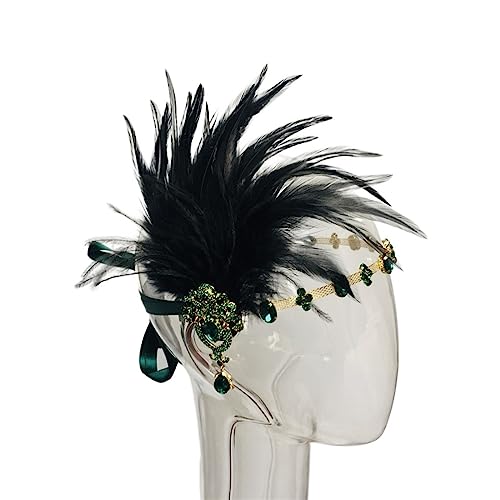 Schwarzes Feder-Stirnband for Frau, glänzendes smaragdgrünes Kristall-Spitzenband, Party-Kopfschmuck, Stirndekoration, Damengeschenke Federn Stirnband