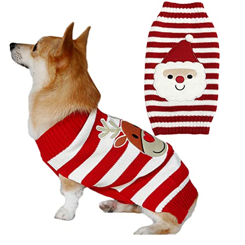 Xinwcang 2 Stücke Haustier Kleidungsset Weihnachtskostüm Pullover Hunde Katzen Rollkragenpullover Weihnachts Strickpullover Strickwaren - Rot Weiß REH & Weihnachtsmann, L