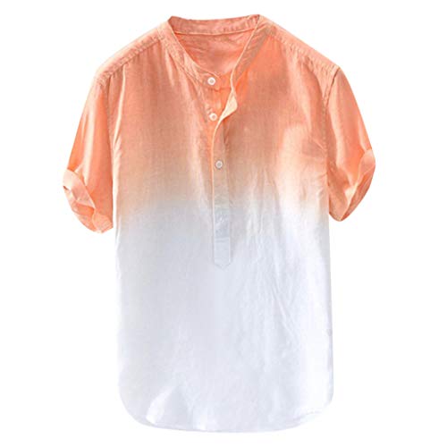 Yowablo Leinenhemd Slim-Fit Kurzarm Herren Sommer cool und dünn atmungsaktiv Kragen hängen gefärbte Farbverlauf Baumwolle Shirt (4XL,1Orange)