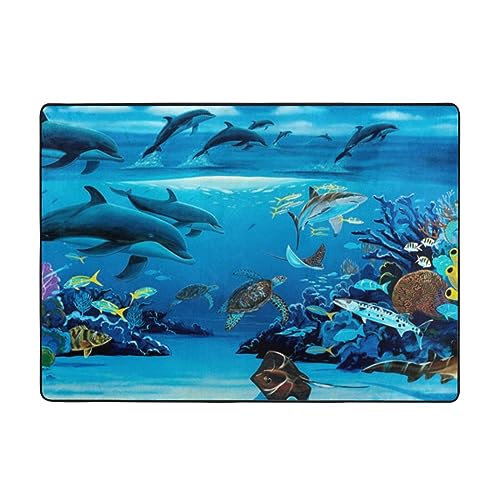 ROOZEE Sea Blue Marine Life Flanell-Teppich, rutschfest, 203 x 148 cm, weich und langlebig, Heimdekoration, Teppiche für Wohnzimmer und Schlafzimmer