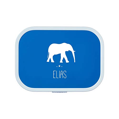 4you Design Personalisierte Blaue Brotdose -Elefant Silhouette- mit Namen – inkl. Bento Box & Snack-Gabel für Schule & Kindergarten, Geschenk für Kinder (Blau)