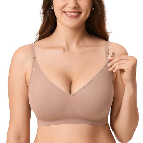 MOMANDA Damen Seamless Still BH ohne Bügel Gerippter Bralette Pullover Schwangerschafts Schlaf BHS Ungepolstert Mutterschaft Kakaobeige L