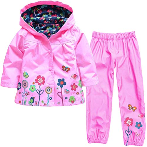 LvRao Kinder Mädchen Regenjacke mit Kapuze Regenhose 2pcs Bekleidungsset Tierdruck Blumen Regenbekleidung (Pink, 130)