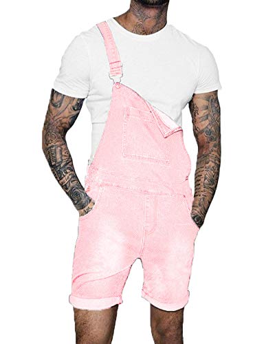 QitunC Kurze Latzhosen Für Herren Zerrissene Jeans Overalls Sommer Arbeitshose Jumpsuit Shorts Pink XL