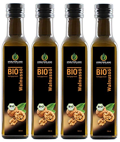 Kräuterland Bio Walnussöl 1L - 4x 250ml Walnusskern Öl nativ, kaltgepresst & vegan - Speiseöl zum Kochen, Backen & für Salate - Nussöl in Premium Qualität